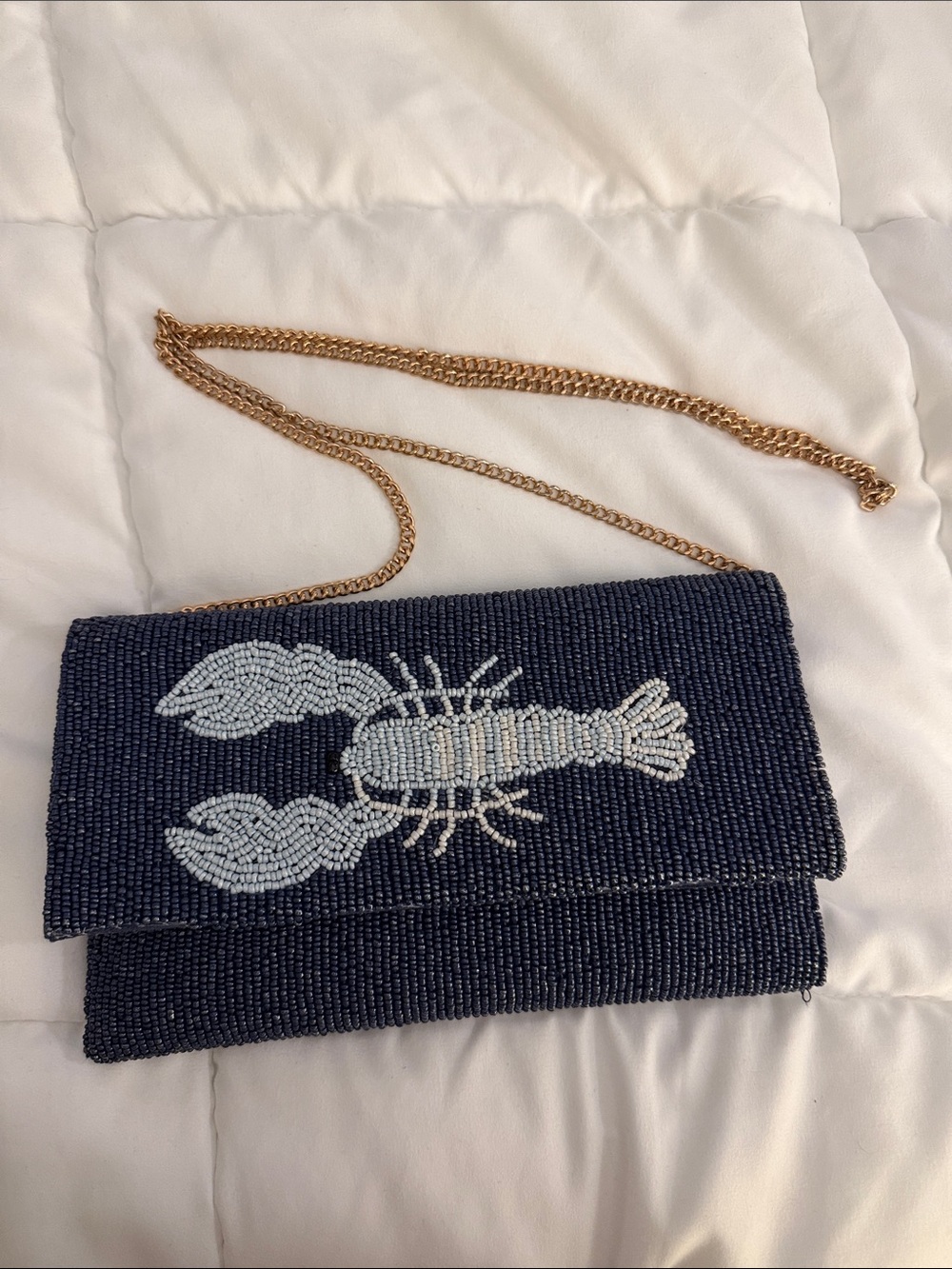 Navy Beaded Lobster bag with gold chain